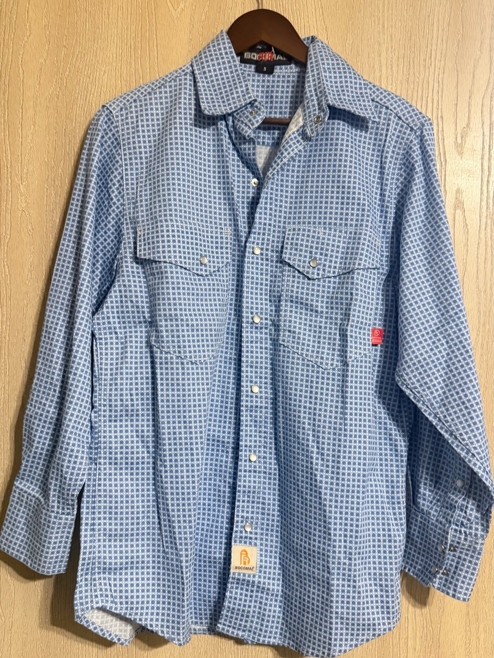 Bocomal Light Blue Geo-Print Flam Resistant 100%  Cotton Button-Down Shirt